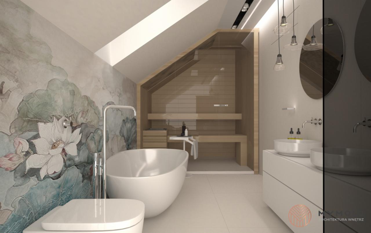 Wizualizacja łazienki na poddaszu ze skośnym sufitem, z wolnostojącą białą wanną, toaletą, umywalką nablatową i sauną z jasnego drewna; na ścianie dekoracyjna tapeta z motywem kwiatowym.