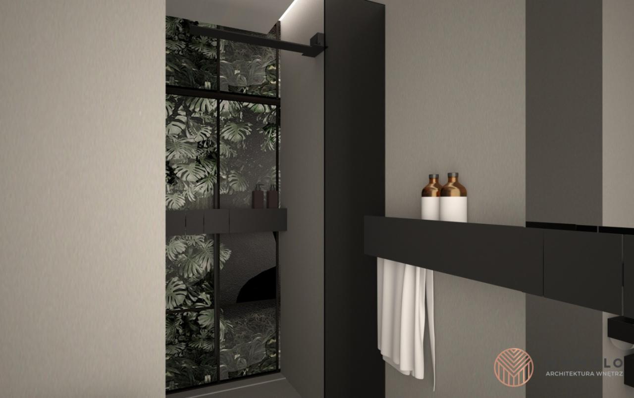 Wizualizacja łazienki z kabiną prysznicową typu walk-in z czarnymi ramami i motywem roślinnym na ścianie, minimalistyczna półka z dekoracyjnymi butelkami i ręcznikiem, stonowana kolorystyka.