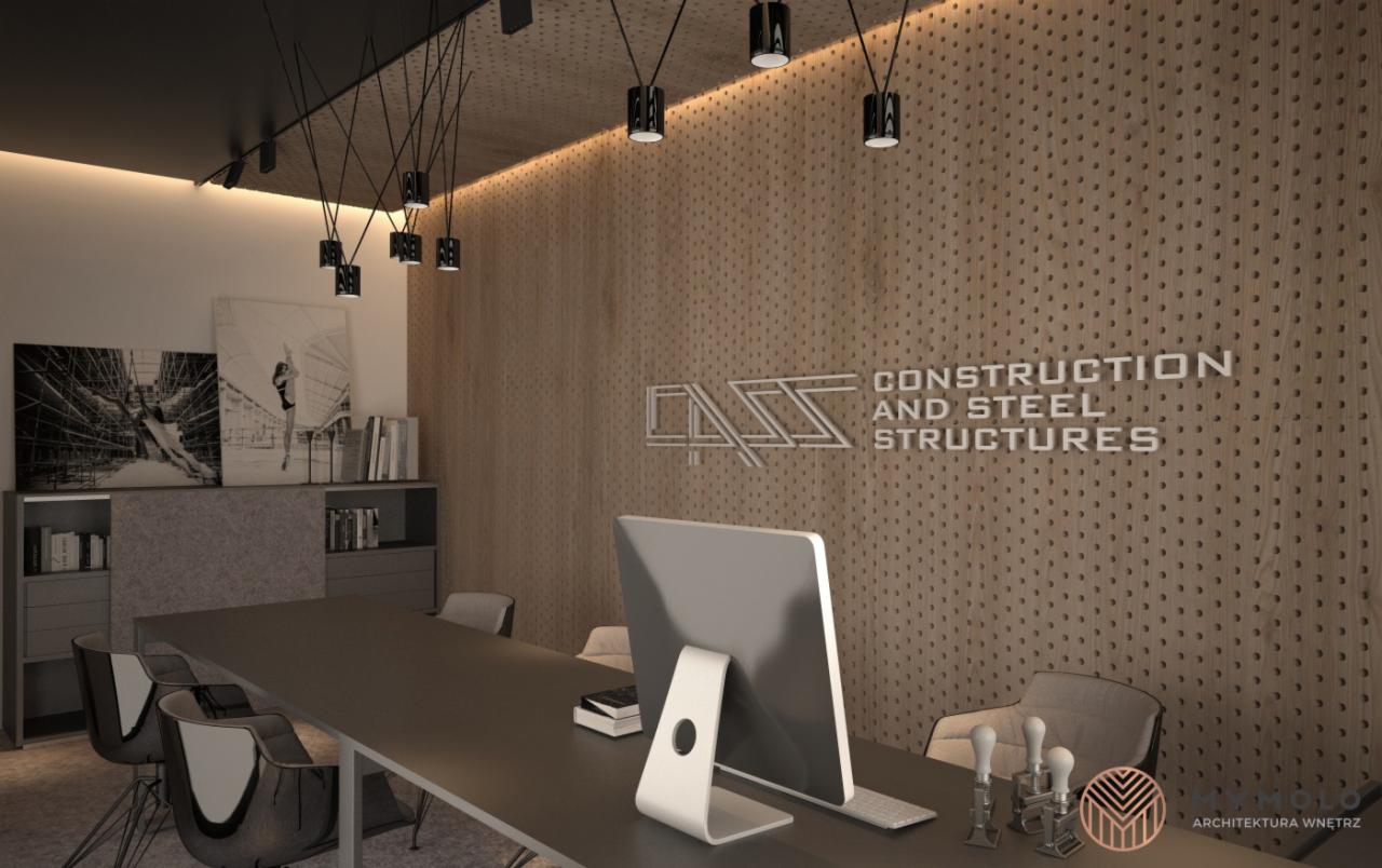 Wizualizacja nowoczesnego biura z długim stołem konferencyjnym, krzesłami, komputerem i ścianą z logo firmy 'Construction and Steel Structures'. Na ścianie dekoracyjne oświetlenie punktowe. W tle...
