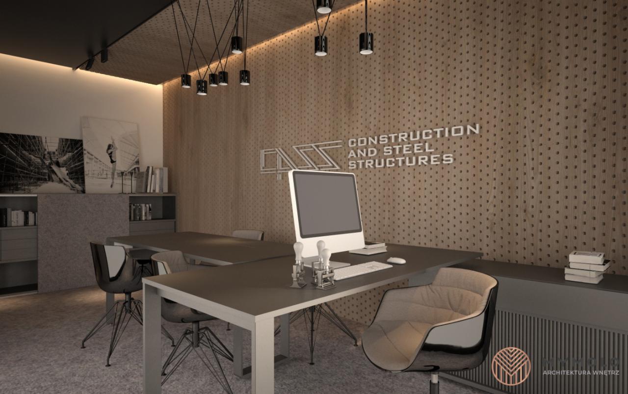 Wizualizacja nowoczesnego biura z ciemnymi meblami, jasną ścianą z perforacją i logo firmy 'Construction and Steel Structures' na ścianie. Na biurku stoi komputer, klawiatura, myszka i stemple.