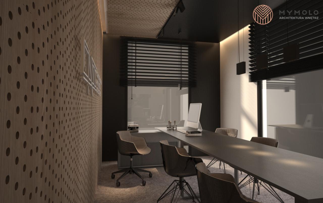 Wizualizacja nowoczesnego biura z długim, ciemnym stołem konferencyjnym otoczonym krzesłami na kółkach, drewnianą ścianą z perforowanym wzorem i oknami z żaluzjami.