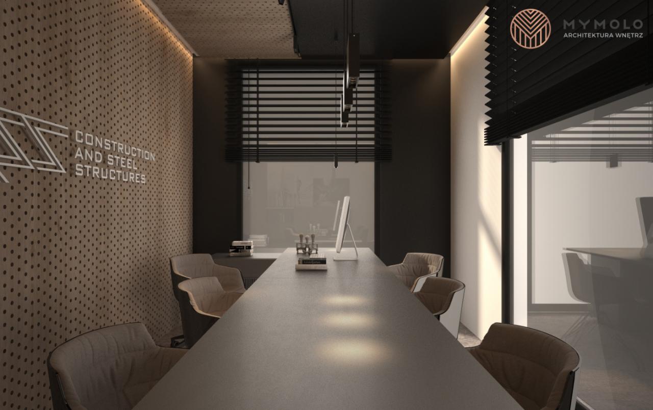 Wizualizacja biura z długim stołem konferencyjnym, krzesłami obrotowymi, żaluzjami i ścianą z perforowanego drewna z logo firmy.
