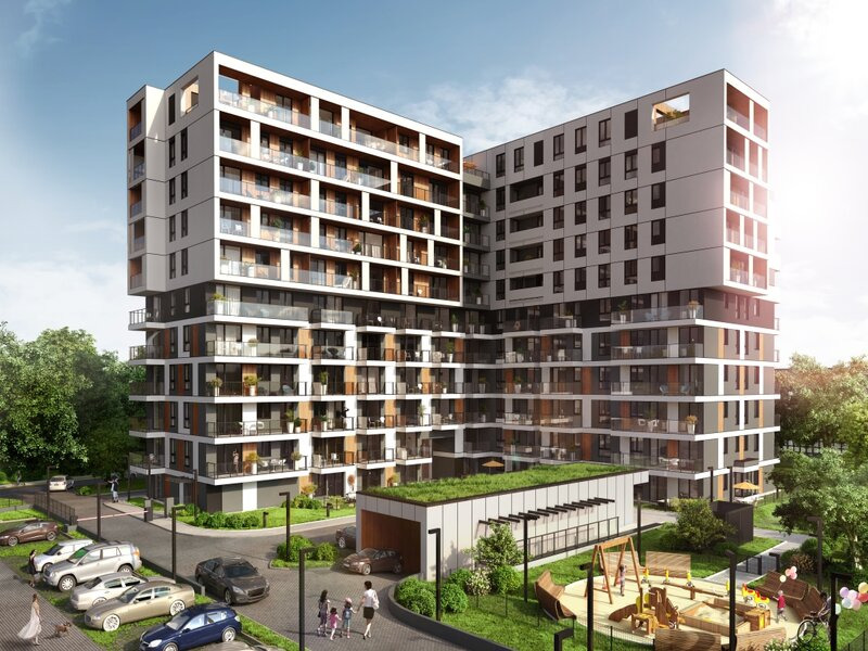 Wizualizacja zewnętrzna nowoczesnego apartamentowca z balkonami, placem zabaw i parkingiem, otoczona zielenią.