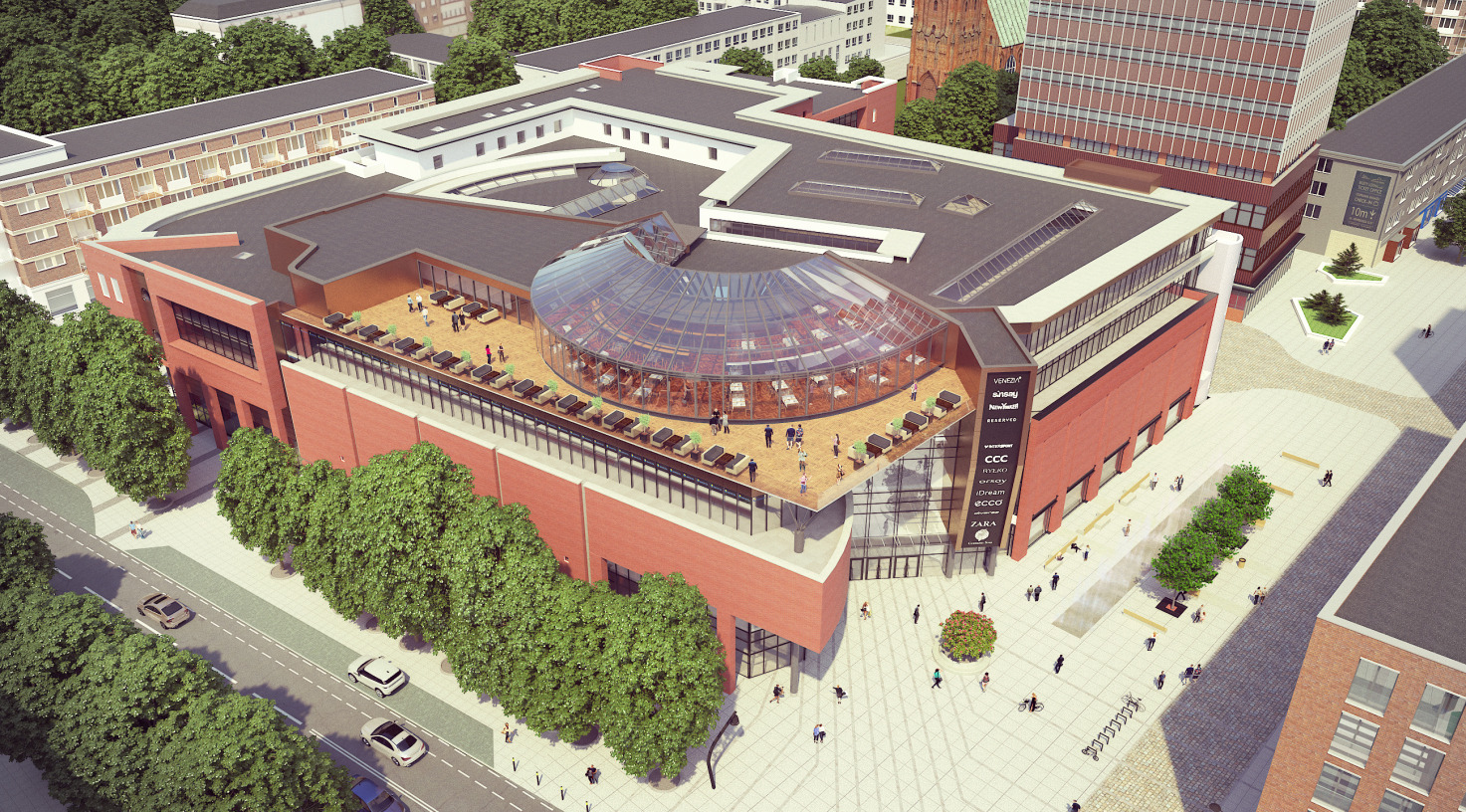 Wizualizacja z lotu ptaka nowoczesnego centrum handlowego z restauracją w szklanej kopule i tarasem na dachu, otoczonego zielenią i budynkami miejskimi.