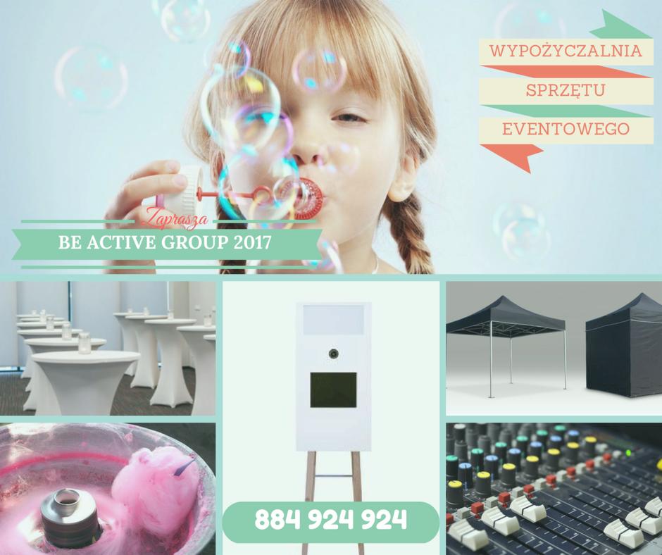 Kompozycja zdjęć: dziewczynka dmuchająca bańki, stoły bankietowe z białymi obrusami, fotobudka, dwa namioty eventowe, wata cukrowa w maszynie, mikser dźwięku, napis 'Wypożyczalnia sprzętu...