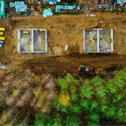 Widok z drona na plac budowy z czterema fundamentami domów jednorodzinnych, częściowo zalane wodą, obok lasu i sprzętu budowlanego.