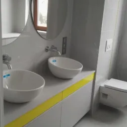 Nowoczesna łazienka z dwoma owalnymi umywalkami nablatowymi, szarą szafką z żółtym akcentem, okrągłym lustrem i szarą glazurą ścienną.