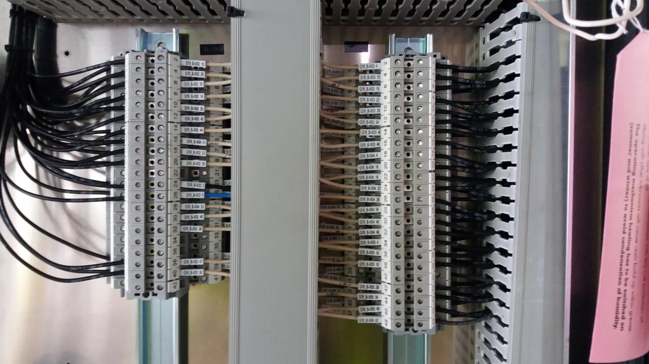 Rozdzielnica elektryczna z podłączonymi przewodami, widoczne listwy zaciskowe z numeracją, etykieta ostrzegawcza po prawej stronie.