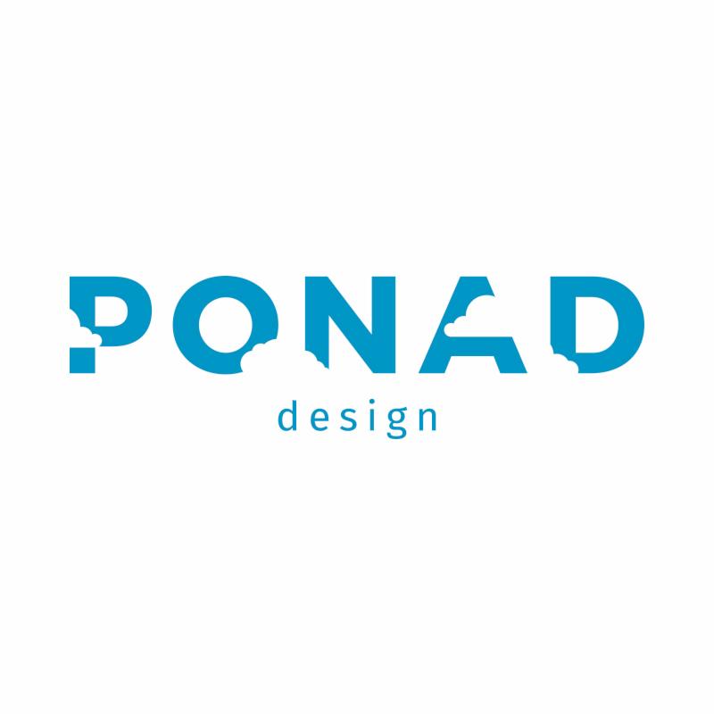 Błękitne logo 'PONAD design' z motywem chmur wkomponowanym w litery na białym tle.
