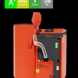 Nowoczesny piec CO marki TEKLA w kolorze pomarańczowo-czarnym, z oznaczeniem klasy energetycznej A+ i certyfikatem EKO projekt, widoczny elastyczny przewód doprowadzający paliwo.