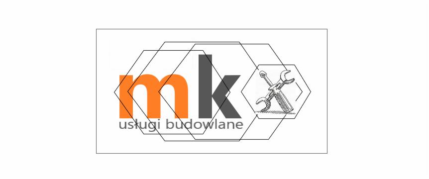 Logo firmy MK Usługi Budowlane z pomarańczowym 'm', szarym 'k', czarnym napisem 'usługi budowlane' i rysunkiem klucza francuskiego w sześciokącie.