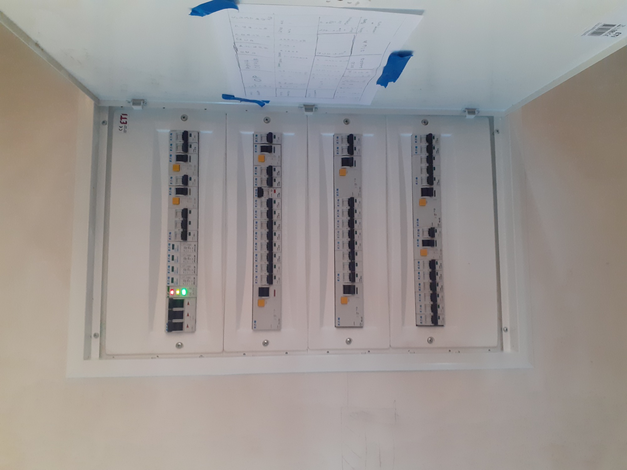 Otwarta biała skrzynka elektryczna z czterema rzędami bezpieczników ETI, z zielonymi diodami na jednym z nich, pod spodem widoczne plany przyklejone niebieską taśmą.