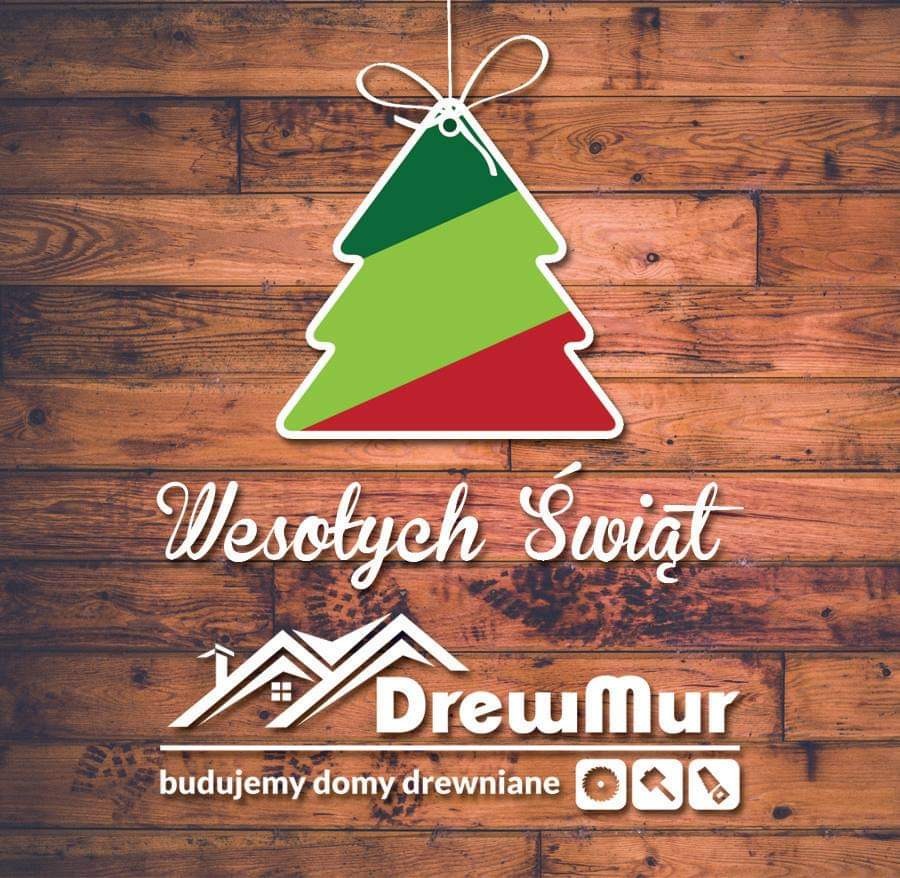 Świąteczne życzenia od firmy DrewMur z logo na tle drewnianych desek.
