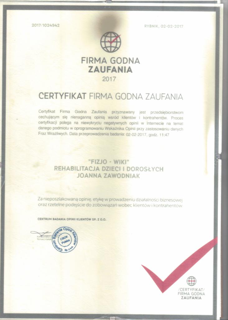 Certyfikat firmy godnej zaufania