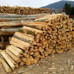 Stos pociętego drewna kominkowego ułożonego w pryzmę, na ziemi wióry i drobne kamienie, w tle domy i zalesione wzgórza.