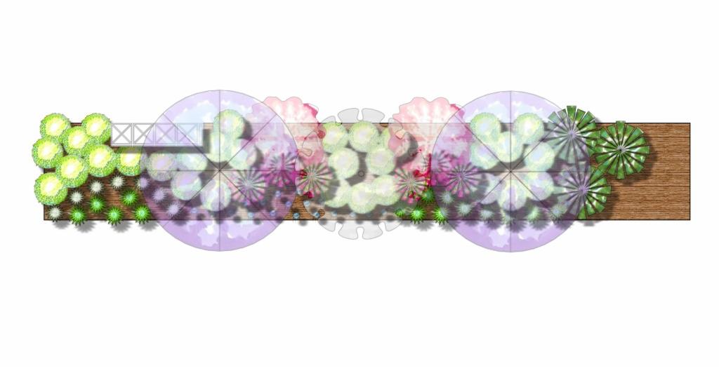 Plan zagospodarowania ogrodu z widokiem z góry, prezentujący rozmieszczenie roślin, ścieżki i elementy dekoracyjne w kolorach zieleni, fioletu i różu na drewnianym podłożu.