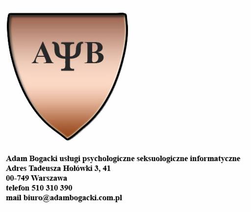 Logo firmy Adam Bogacki świadczącej usługi psychologiczne, seksuologiczne i informatyczne, przedstawione jako tarcza w odcieniach brązu z inicjałami AΨB oraz danymi kontaktowymi.