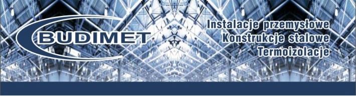 Logo firmy Budimet na tle konstrukcji stalowej hali przemysłowej z instalacjami i termoizolacją.