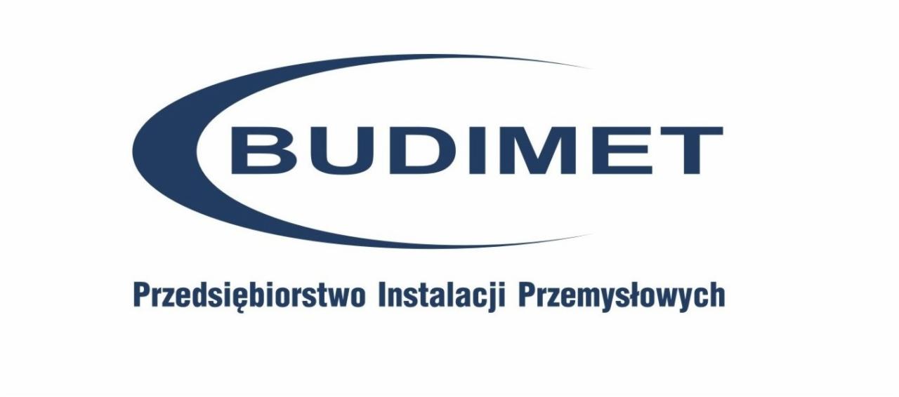 Logo firmy BUDIMET Przedsiębiorstwo Instalacji Przemysłowych na białym tle, z charakterystycznym niebieskim elementem graficznym nad nazwą.