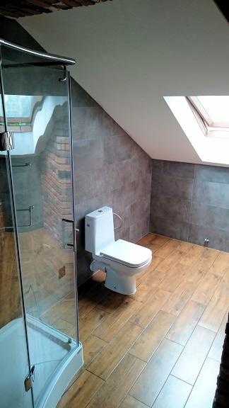 Nowoczesna łazienka na poddaszu z kabiną prysznicową, toaletą i szarymi płytkami na ścianach oraz drewnopodobnymi płytkami na podłodze, oświetlona światłem z okna dachowego.