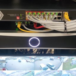 comlive.pl - Zamontowany w szafie serwerowej rejestrator Hikvision z podglądem z kamer monitoringu oraz switch sieciowy z podłączonymi kablami.