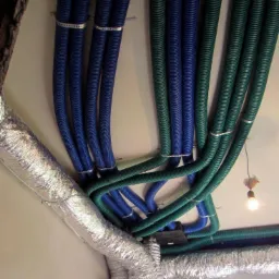 Niebieskie i zielone karbowane rury wentylacyjne przymocowane do sufitu, z widoczną izolacją z folii aluminiowej na innych przewodach i wiszącą żarówką.
