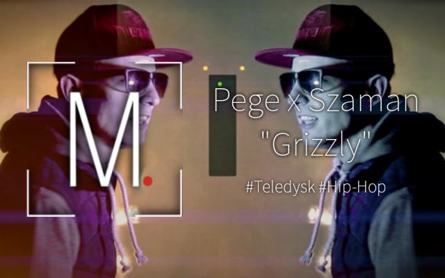 Kadrowane ujęcie dwóch identycznych postaci raperów Pege i Szaman w czapkach z daszkiem i okularach przeciwsłonecznych z tytułem utworu 'Grizzly' i hashtagiem #Teledysk #Hip-Hop.