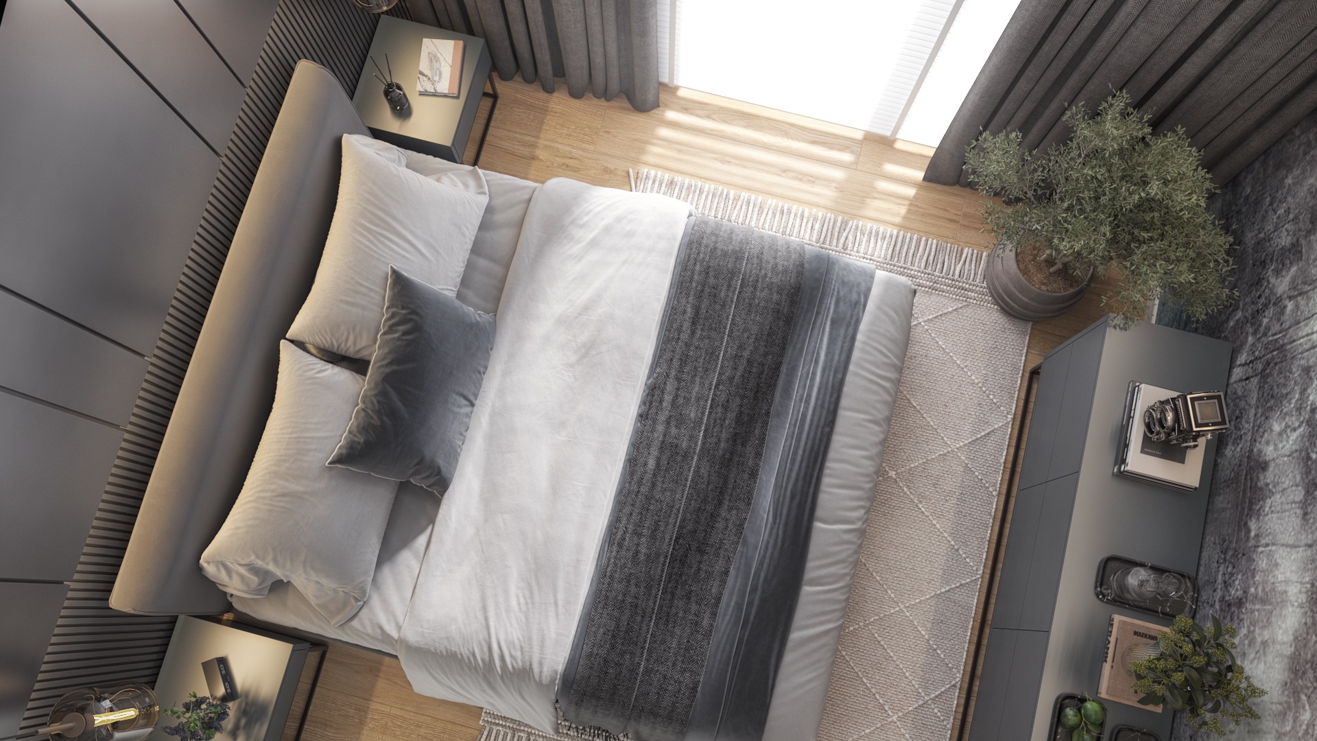 Nowoczesna sypialnia z widokiem z góry: szara kolorystyka, teksturowana ściana, łóżko z narzutą w jodełkę, drewniana podłoga i dywan w geometryczny wzór.