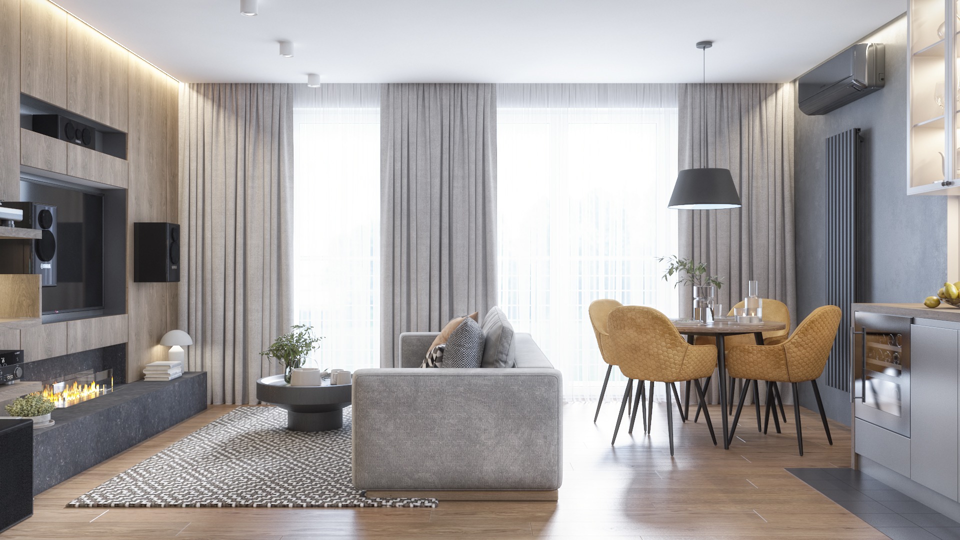 Nowoczesny salon z kominkiem elektrycznym, szarym narożnikiem, okrągłym stolikiem kawowym i jadalnią z żółtymi krzesłami, oświetlony światłem dziennym wpadającym przez okna z szarymi zasłonami.