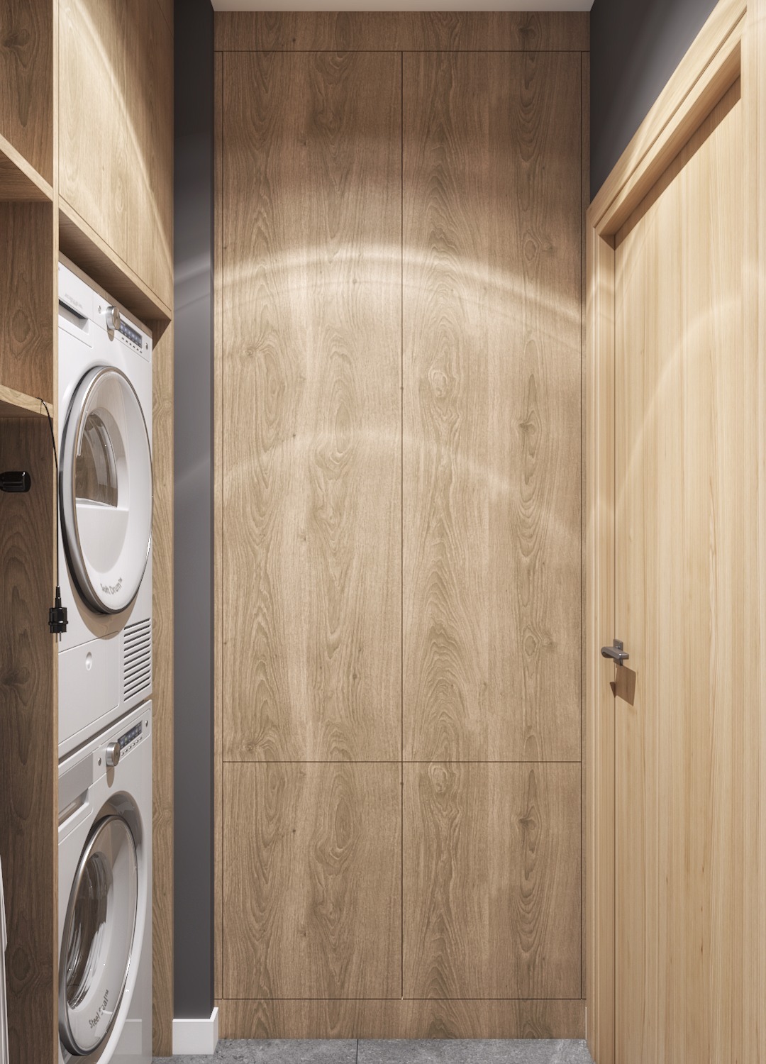 Nowoczesna łazienka z pralką i suszarką w zabudowie z drewnianymi frontami oraz dopasowanymi kolorystycznie drzwiami.