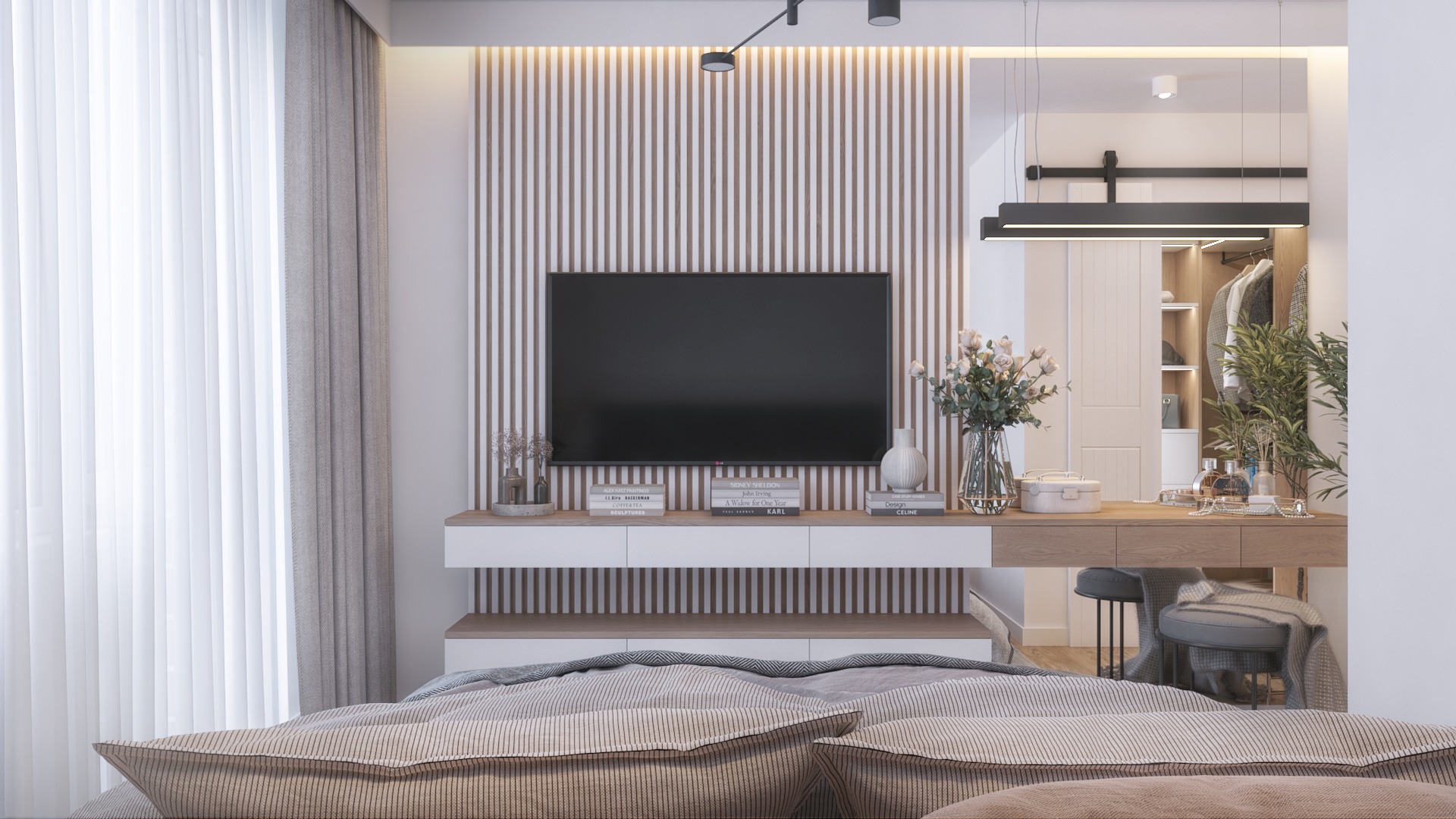 Nowoczesna sypialnia w bloku z wielkiej płyty: strefa relaksu z telewizorem na tle ściany z drewnianych listew, minimalistyczna szafka RTV, łóżko z podłużnymi poduszkami i toaletka z lustrem...