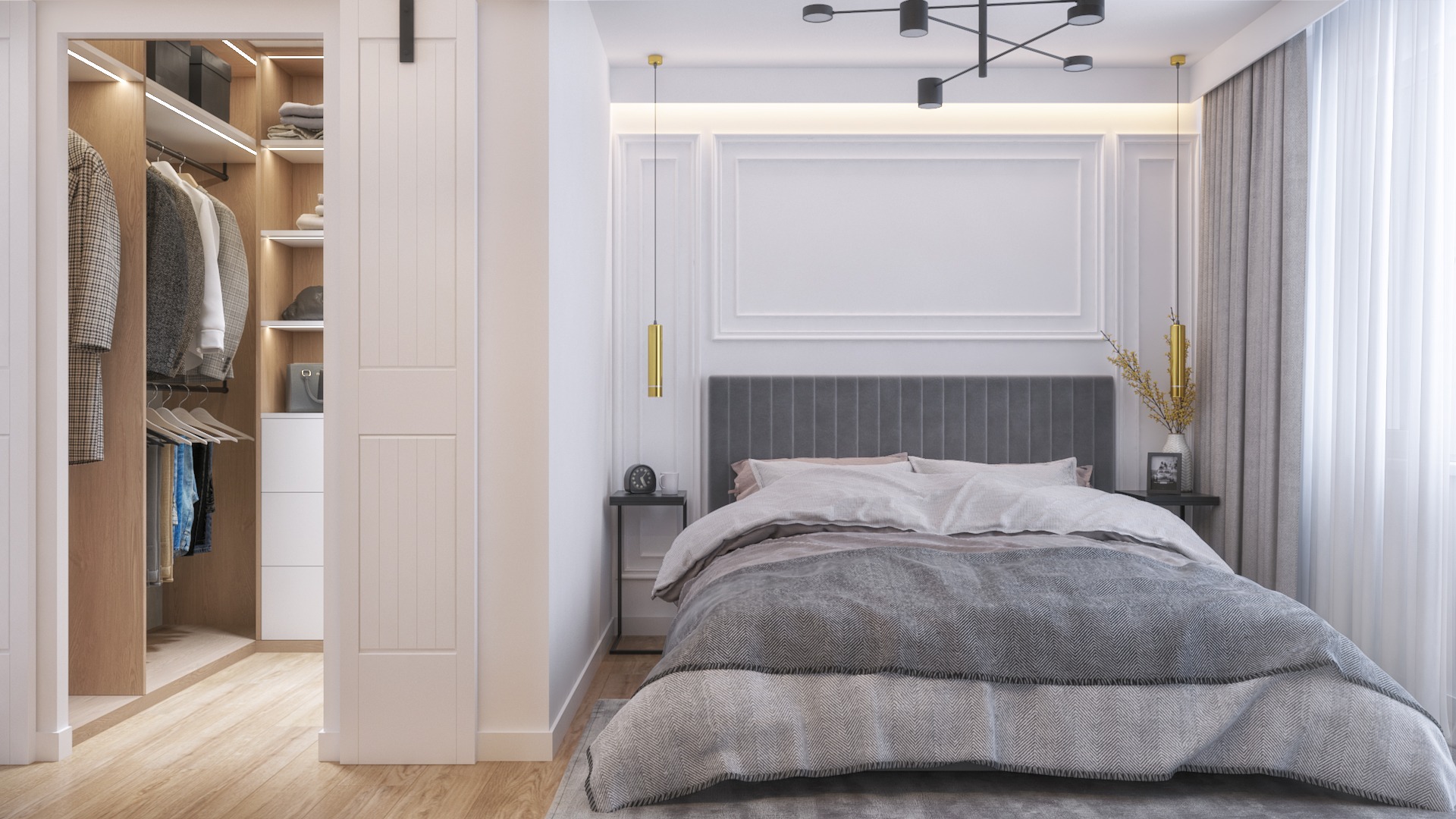 Nowoczesna sypialnia z otwartą garderobą, szarą tapicerowaną ramą łóżka, geometryczną lampą sufitową i drewnianą podłogą.
