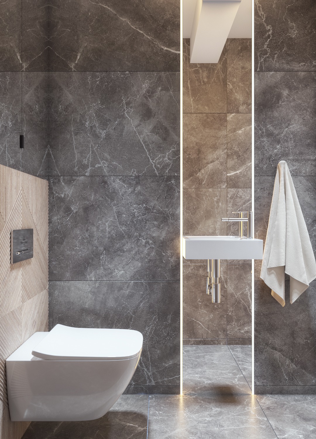 Nowoczesna łazienka z marmurowymi płytkami, podwieszaną toaletą i minimalistyczną umywalką, oświetlona subtelnym światłem LED.