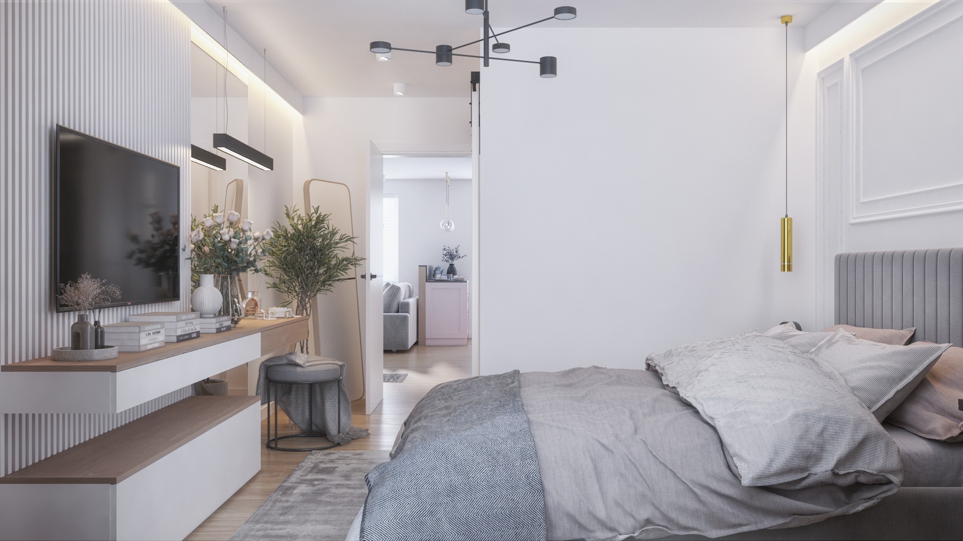 Nowoczesna sypialnia w Lublinie z szarą tapicerowaną ramą łóżka, minimalistyczną konsolą z telewizorem, kwiatami i dekoracyjnym oświetleniem, widok na pokój obok.