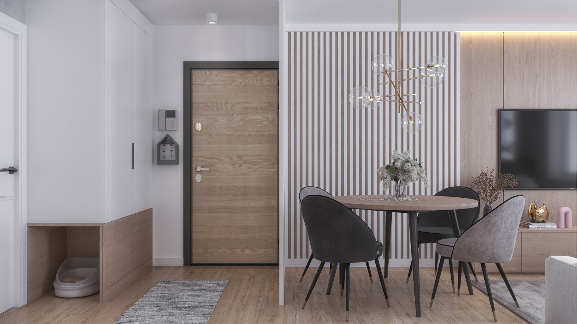 Nowoczesne wnętrze mieszkania: drewniane drzwi wejściowe, stół z krzesłami na tle ściany w pionowe pasy i szafki RTV z telewizorem