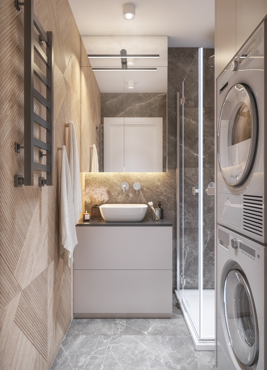 Nowoczesna łazienka z drewnianą ścianą w geometryczny wzór, umywalką nablatową, szarą marmurową podłogą i kabiną prysznicową, z pralką i suszarką w kolumnie po prawej stronie.