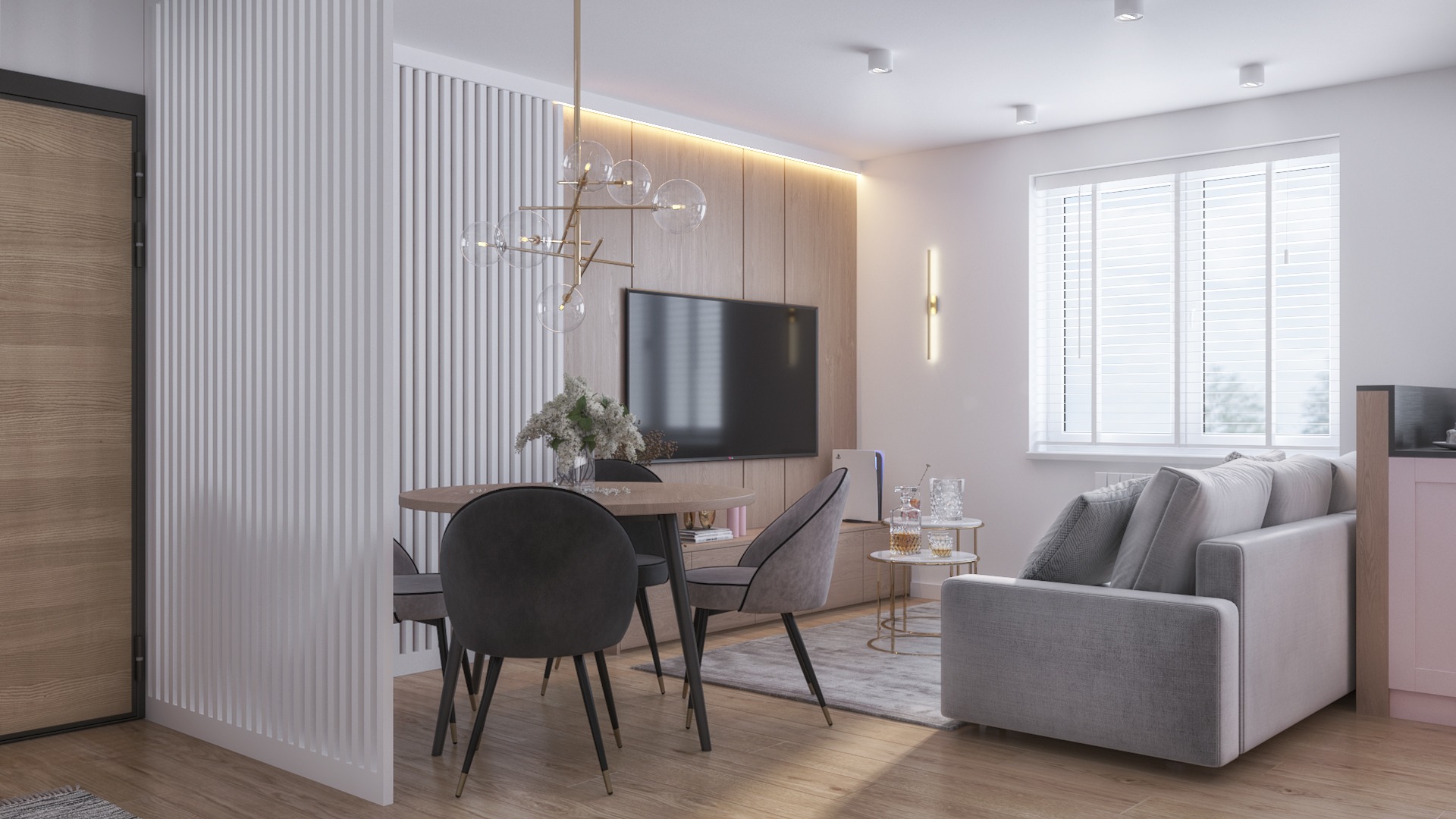 Wizualizacja salonu z okrągłym stołem jadalnym, szarymi krzesłami, sofą, telewizorem na ścianie z drewnianą okładziną i dekoracyjnym oświetleniem.