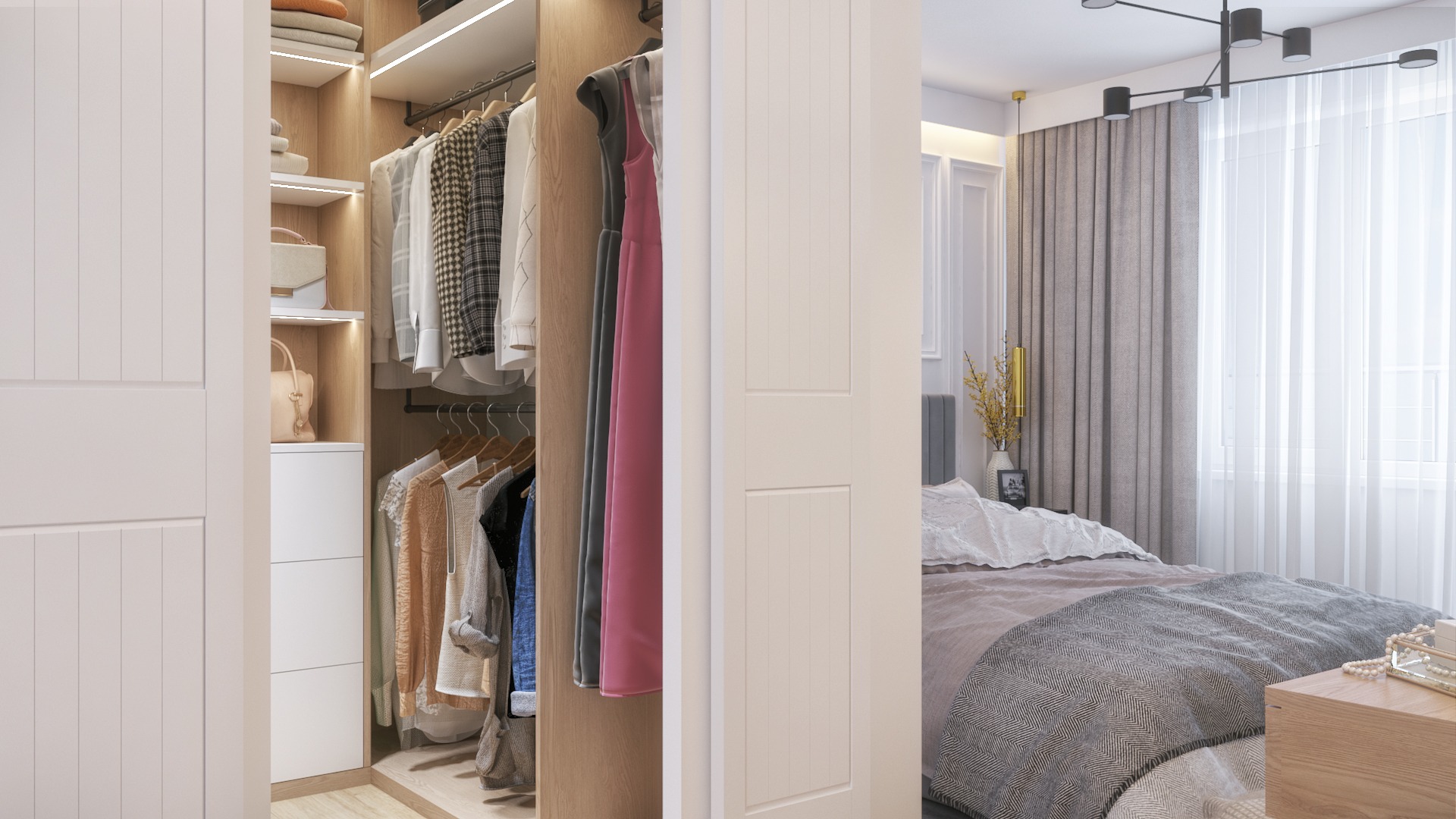 Otwarta szafa wnękowa z oświetleniem LED, widoczna część garderoby oraz sypialnia z łóżkiem i zasłonami w tle.