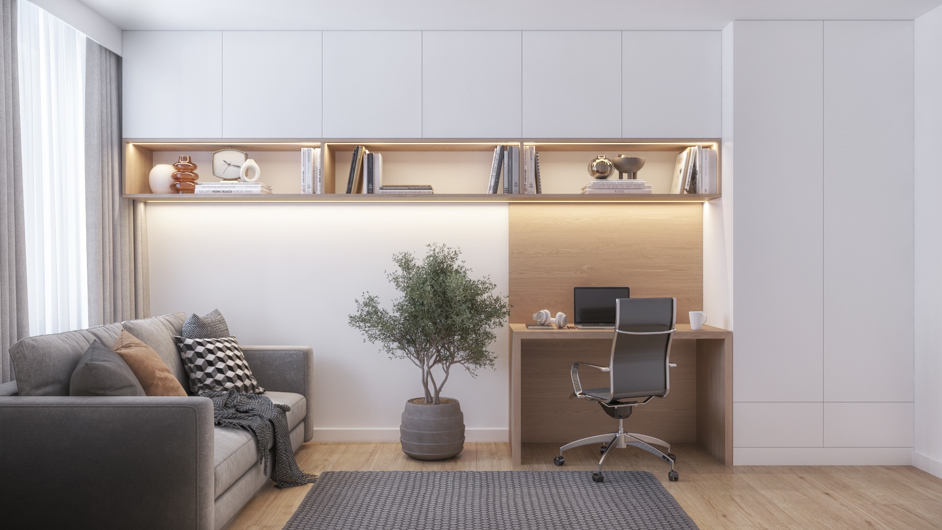 Nowoczesne biuro domowe z szarą sofą, biurkiem z laptopem, półkami podświetlanymi LED i drzewkiem w doniczce na dywanie w jodełkę.