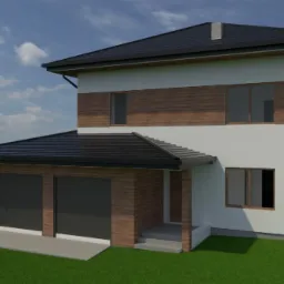 Wizualizacja dwukondygnacyjnego domu z garażem, drewnianą elewacją i czarnym dachem na tle zielonego trawnika i błękitnego nieba.
