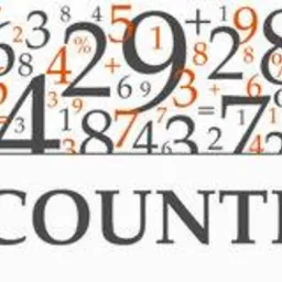 Grafika słowna 'ACCOUNTING' z tłem wypełnionym liczbami i symbolami matematycznymi w odcieniach szarości i pomarańczy.