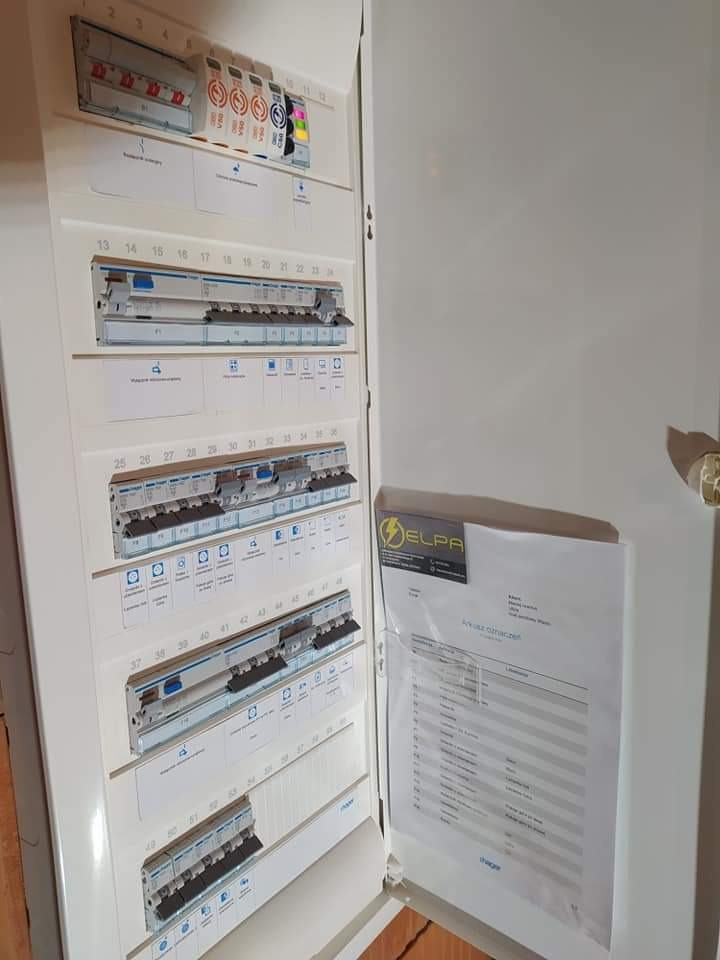 Otwarta skrzynka elektryczna z bezpiecznikami i dokumentacją ELPA wewnątrz, widoczne numery bezpieczników od 1 do 57.
