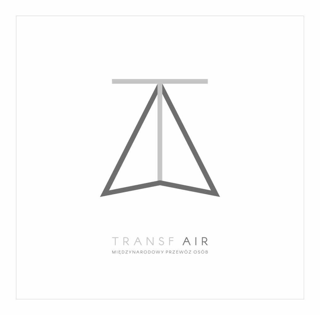 Minimalistyczne logo firmy Transf Air, przedstawiające stylizowany samolot w odcieniach szarości, z napisem 'MIĘDZYNARODOWY PRZEWÓZ OSÓB' poniżej.