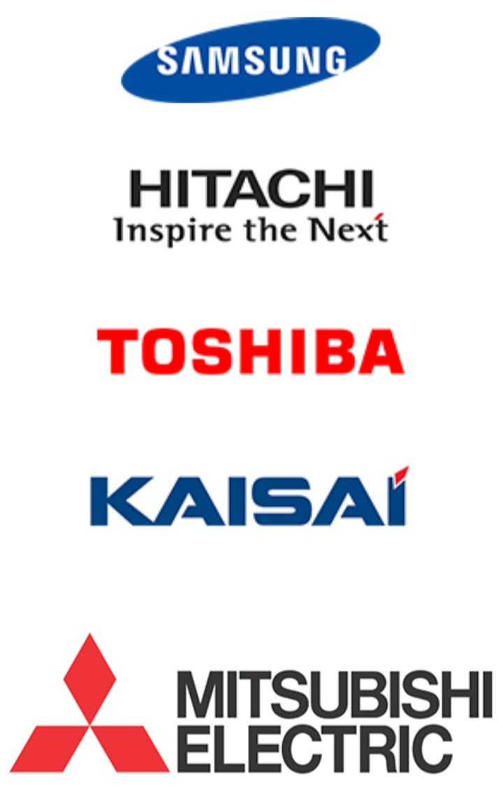 Kompozycja z logotypami producentów sprzętu klimatyzacyjnego: Samsung, Hitachi, Toshiba, Kaisai, Mitsubishi Electric.