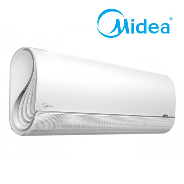 Nowoczesny, biały klimatyzator marki Midea, widoczny z boku na białym tle, prezentujący elegancki design z zaokrąglonymi krawędziami i perforowaną dolną częścią obudowy.