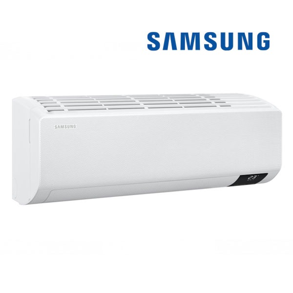 Biała, ścienna klimatyzacja Samsung z wyświetlaczem temperatury ustawionym na 23 stopnie Celsjusza, na białym tle.