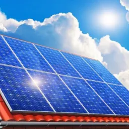 Panele słoneczne na czerwonym dachu domu z cegły, widoczne na tle błękitnego nieba z obłokami i promieniami słońca.