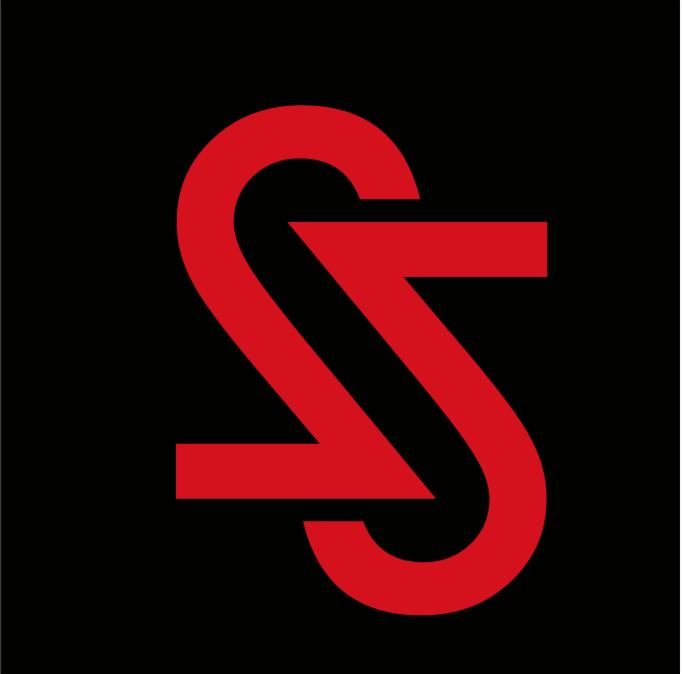 Minimalistyczne logo w kolorze czerwonym na czarnym tle, przedstawiające spójny, abstrakcyjny symbol.