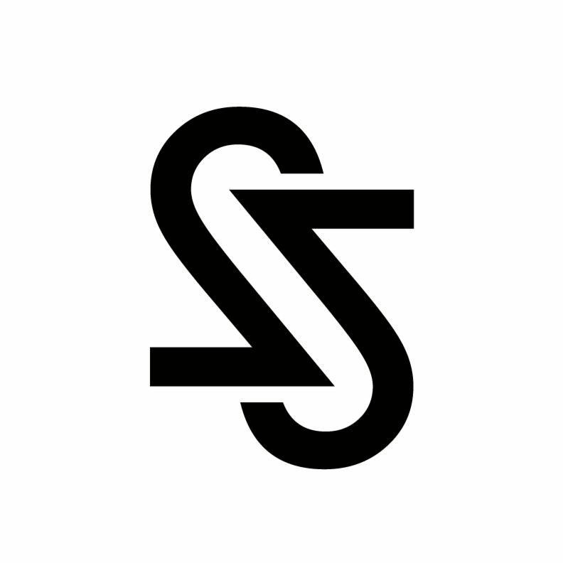 Abstrakcyjne logo składające się z połączonych, czarnych elementów przypominających literę S z prostokątnymi zakończeniami, na białym tle.