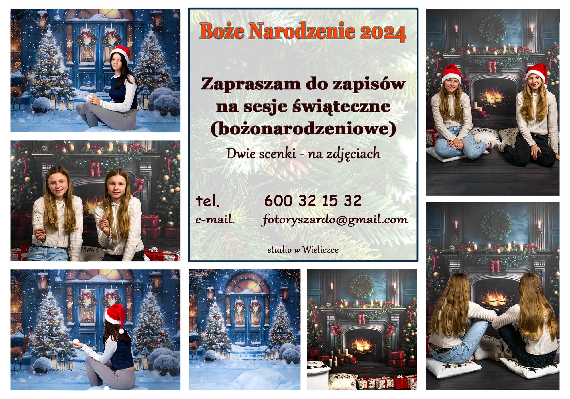 Kompozycja zdjęć z sesji świątecznej: dziewczyna w czapce Mikołaja pozuje na tle zimowej scenerii z choinkami i ośnieżonymi krzewami, oraz dwie dziewczynki siedzące przed kominkiem z dekoracjami...